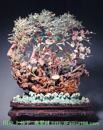 木雕寿星仙境镶宝石花卉盆景(图)