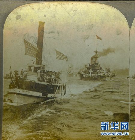 这张照片记录了八国联军中的美国海军“印地安纳”号军舰在中国海域航行。新华社发 