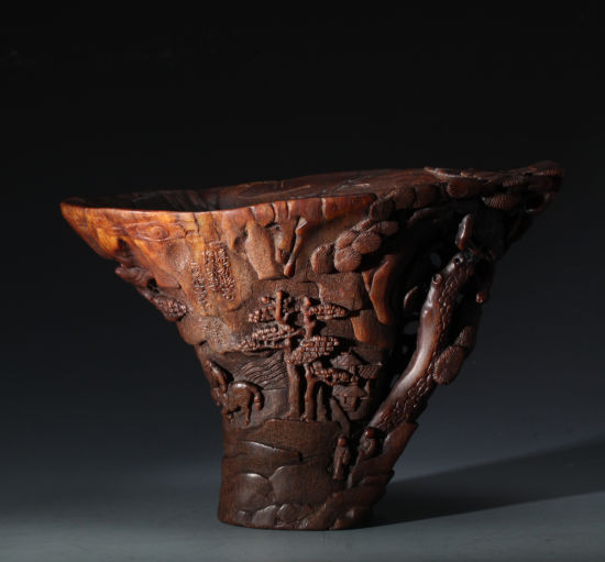 清 早期 “文枢”款犀角雕归去来兮雅意图杯    D：18cm