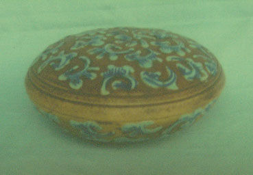 紫砂胎酱釉蓝花印泥小盒