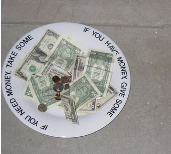 场名为“No comment (请勿评论)”的艺术展上，放着一个装有美元的盘子，上写：如果你有钱，请给一些；如果你没钱，请拿走一些。