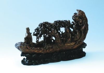 清?竹根雕人物乘船