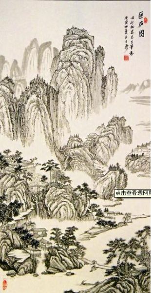 荆浩  匡庐图"全景式"构图,是将景物整体摄入画面,同时兼有高远,深远