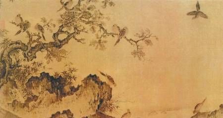 黄居?（黄荃之子）《竹石锦鸠图》。