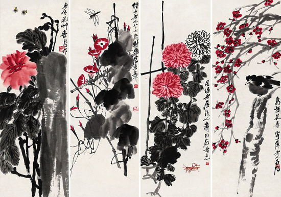 齐白石 《花鸟四屏》