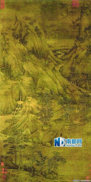 董源《溪岸图》，陈佩秋认为《溪岸图》是董源真迹，而《夏山图》、《潇湘图》、《夏景山口待渡图》则存疑。