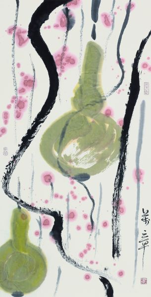 朱万章《秋雨?葫芦》，纸本设色，96x53厘米，2014年