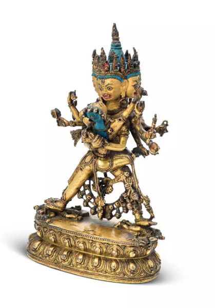 lot3129 胜乐金刚 西藏 十五世纪 红铜鎏金局部彩绘 高22厘米 RMB： 400，000-500，000