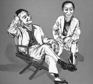 曾梵志，假面系列四号，1994 年作 估价800 万至1，000 万港元《假面系列四号》描绘两名男士坐着聊天，背景呈淡淡的土黄色，配上更粗野及厚重的笔触。 图片来源：信息时报