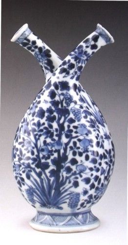 清康熙青花花果树纹双管瓶