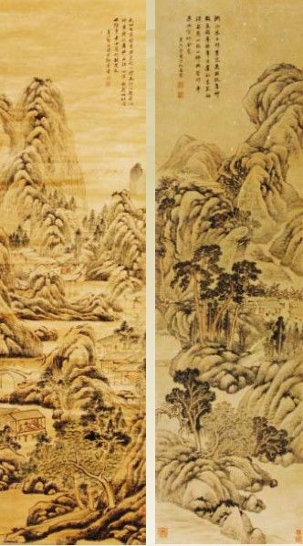 张恂《深山访友图》(左) 永?《高山溪水村屋图》(右) 