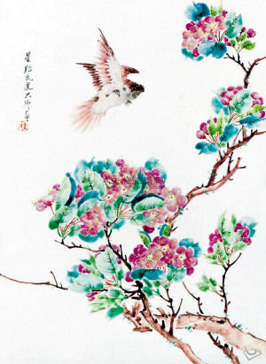 鸟语花香 浅绛彩瓷板 金品卿