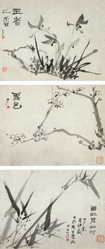 图2 居廉《墨戏小品》 纸本  18×23厘米×3 居廉（1828～1904年），广东番禺（今广州）人。巢从弟。善写花卉、翎毛、草虫及人物，设色妍丽，笔致工整。长指头画。居廉兄弟善用粉，以没骨“撞粉”“撞水”法追求特殊? onkeypress=