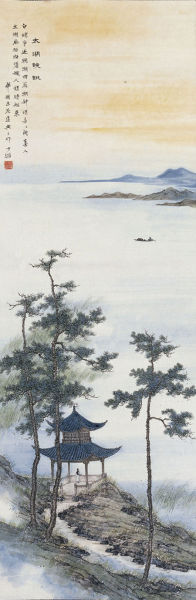 鲍少游《 太湖晚眺》，纸本设色 131cmx44厘米。