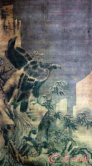 林良《双鹰栖石图》。