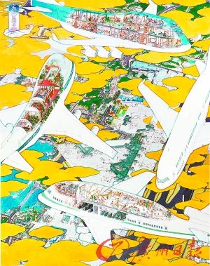 《成田国际机场》 2005年，山口晃以一种独特的视角描绘了成田机场，机场上方缭绕一片金色的云层。这座弥漫在有毒气体当中的城市正在慢慢地腐烂。