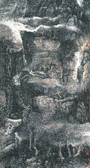 太行山兵工厂180×96cm ??莽莽苍苍的太行山里，这样的兵工厂有十几座，它们曾为民族的解放立下大功  朱敏 作