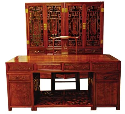 红酸枝花鸟办公桌+书柜