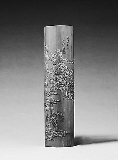 明晚期 留青野渡横舟图臂搁