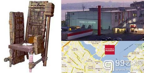 Istanbul Modern的外观；右下：Istanbul Modern在地图上的位置。