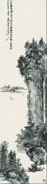 刘少白国画作品《江天幽居》 37x143cm 2011年