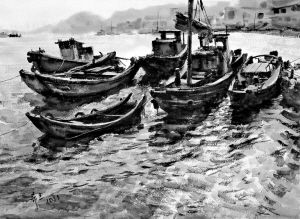 不少投资者将眼光投向了水彩画收藏。图为陈希旦水彩作品《海港渡船》。