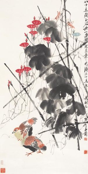 齐白石《牵牛竹鸡》