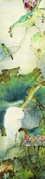 《荷塘仙鹤》杨善深(1913-2004)设色纸本132×33cm (3.9平尺) 今年6月，在广州嘉德夏拍上，杨善深这幅《荷塘仙鹤》估价20万?40万，最后加上佣金以190万成交。