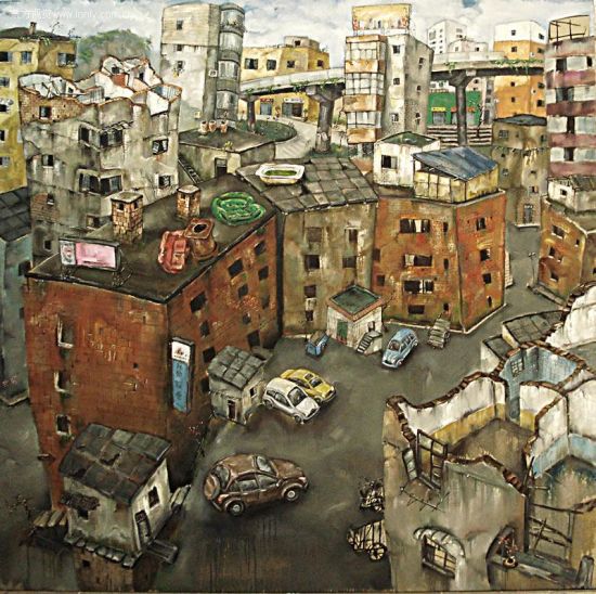 石?，空城计之老街，200x200cm，布面油彩，2010