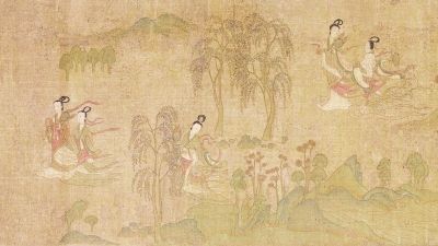 《洛神赋图》画卷中人物安排疏密得宜，在不同的时空中自然地交替、重叠，山川景物描绘展现空间美。