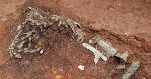 墓室西南角放置着一整套青铜车马器。