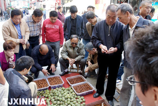 收藏、把玩爱好者在交流欣赏“把玩”核桃。