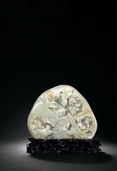清乾隆 白玉雕庆寿图山子 L 22 cm
