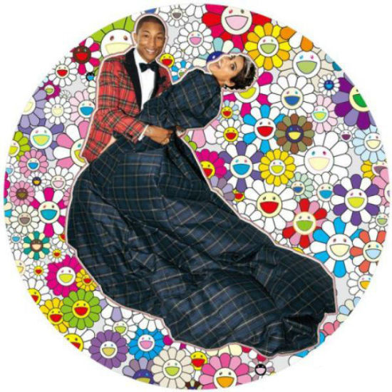 村上隆， 《法瑞尔和海伦的肖像-跳舞》(Portraitof Pharrell and Helen ? Dance) (2014) Acrylic and platinum leaf on canvas mounted onboard Photo： Terry Richardson) φ1500 mm © 2014村上隆/Kaikai Kiki Co.， Ltd. All rights reserved.