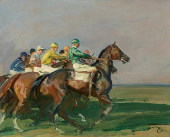 阿尔法莱德‧穆宁司爵士 (英国；1878?1959) 　　《起跑》 　　签名：A.J. Munnings 　　油彩 画板 　　18 x 22 英寸 (46 x 56 厘米) 　　约 1937 年作