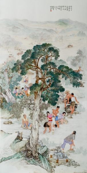 张松茂《粉彩农村新貌瓷板》，1960年代，114cm×59cm