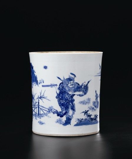 明崇祯 “青花钟馗抓鬼笔筒”H：20.3cm